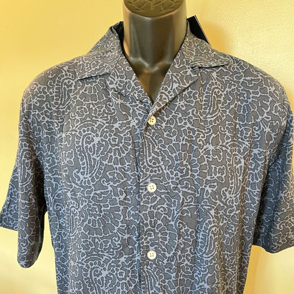Kenneth Cole Short Sleeve Shirt Techni-Cole Camp Collar Medium Blue Floral